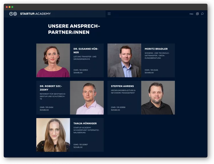 fzey für Startup Academy Uni Halle - Ansicht Website