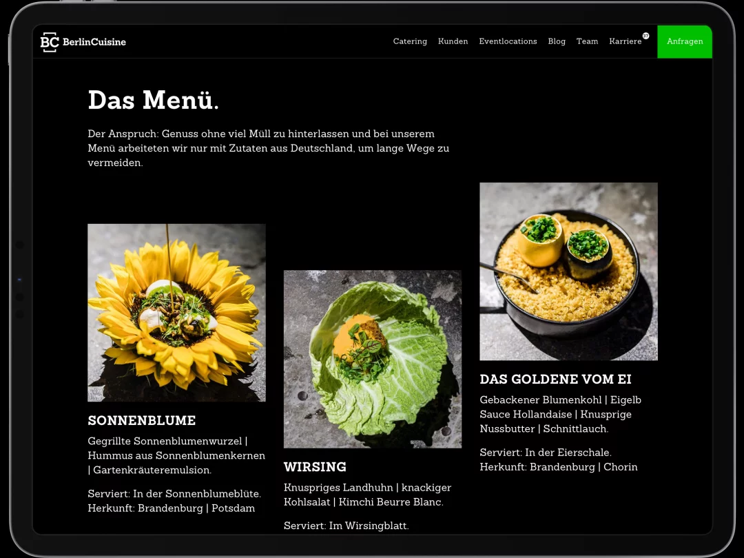fzey für Berlin Cuisine - Ansicht Website auf dem Ipad