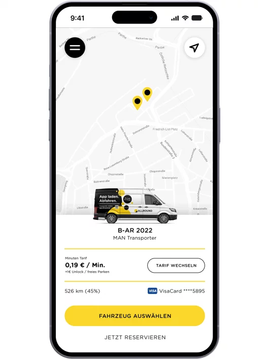 fzey für Allround Autovermietung - Ansicht Appdesign auf iphone