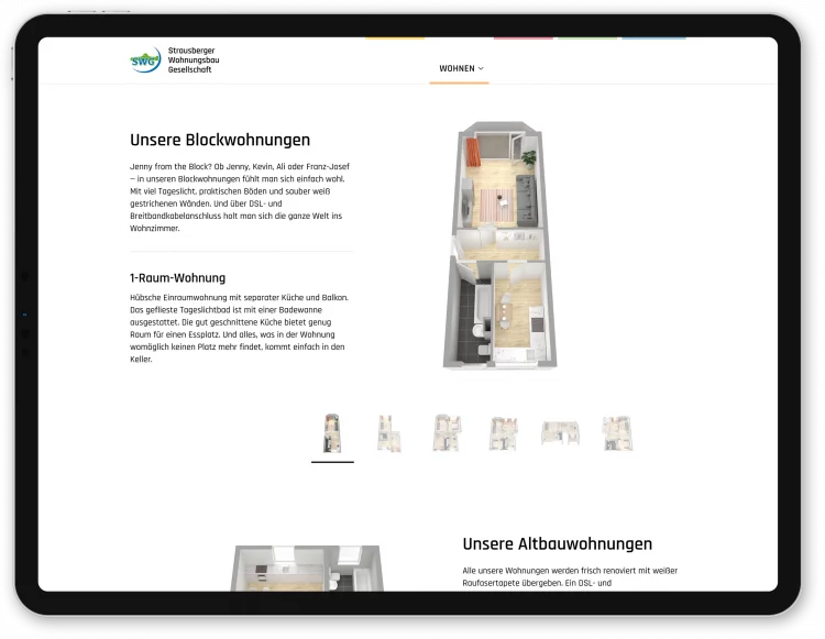 Screenshot der Wohnungstypen Darstellung auf der Website der SWG Strausberg